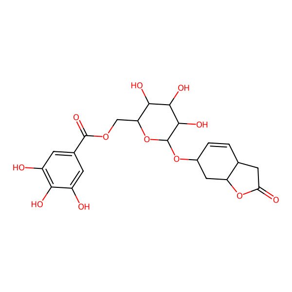 2D Structure of [(2R,3S,4S,5R,6R)-6-[[(3aS,6R,7aR)-2-oxo-3a,6,7,7a-tetrahydro-3H-1-benzofuran-6-yl]oxy]-3,4,5-trihydroxyoxan-2-yl]methyl 3,4,5-trihydroxybenzoate