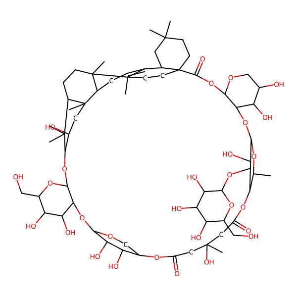 2D Structure of (1S,4S,7S,8S,9R,11S,13S,14S,18S,22S,25S,27R,28S,29S,30R,32R,34R,35S,37R,38R,41R,42R,46S,53S,55R,56R,57S,58R)-7,8,18,28,29,35,55,56,58-nonahydroxy-30-(hydroxymethyl)-13,18,37,41,48,48,53,54,54-nonamethyl-57-[(2S,3R,4S,5S,6R)-3,4,5-trihydroxy-6-(hydroxymethyl)oxan-2-yl]oxy-3,5,10,12,15,21,24,26,31,33-decaoxadecacyclo[39.9.3.211,14.222,25.134,38.01,46.04,9.027,32.037,42.045,53]octapentacont-44-ene-2,16,20-trione