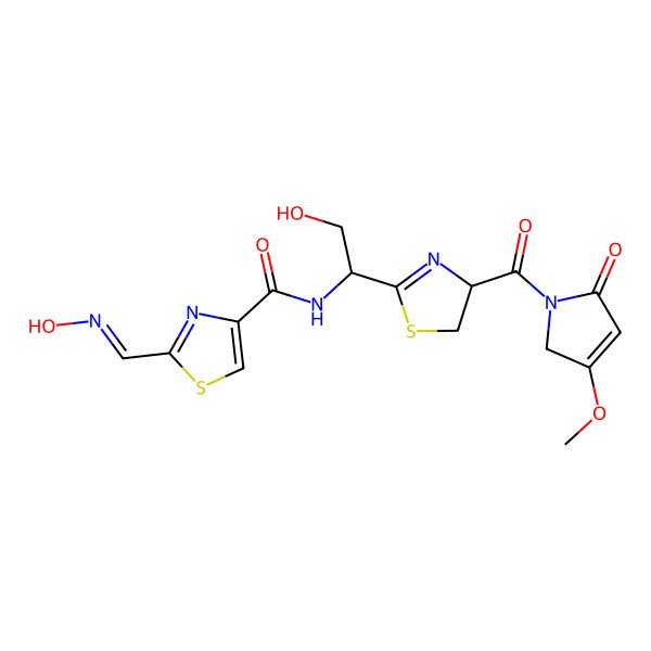 2D Structure of 2-[(Z)-hydroxyiminomethyl]-N-[2-hydroxy-1-[4-(3-methoxy-5-oxo-2H-pyrrole-1-carbonyl)-4,5-dihydro-1,3-thiazol-2-yl]ethyl]-1,3-thiazole-4-carboxamide