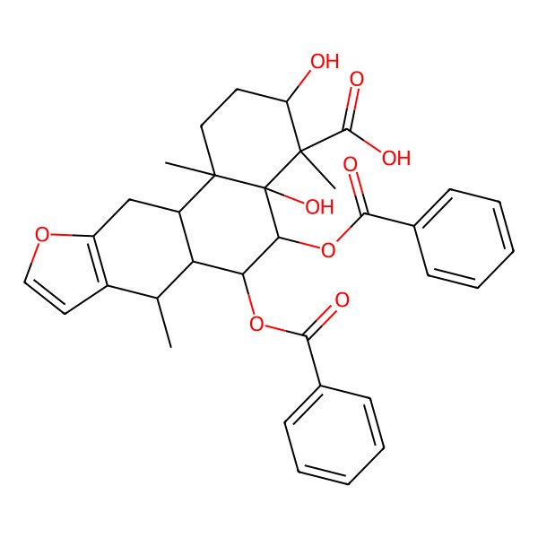 2D Structure of 5,6-dibenzoyloxy-3,4a-dihydroxy-4,7,11b-trimethyl-2,3,5,6,6a,7,11,11a-octahydro-1H-naphtho[2,1-f][1]benzofuran-4-carboxylic acid
