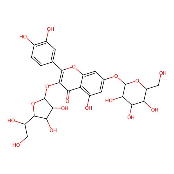 2D Structure of 3-[(2S,3R,4R,5R)-5-[(1S)-1,2-dihydroxyethyl]-3,4-dihydroxyoxolan-2-yl]oxy-2-(3,4-dihydroxyphenyl)-5-hydroxy-7-[(2S,3R,4S,5S,6R)-3,4,5-trihydroxy-6-(hydroxymethyl)oxan-2-yl]oxychromen-4-one