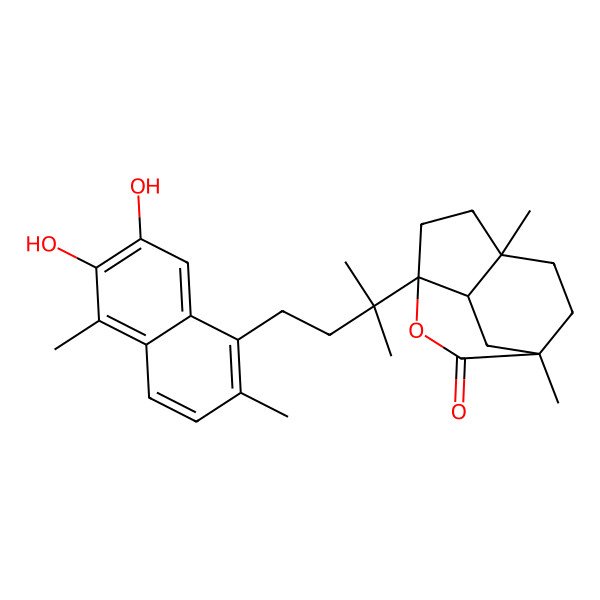 2D Structure of 4-[4-(6,7-Dihydroxy-2,5-dimethylnaphthalen-1-yl)-2-methylbutan-2-yl]-1,7-dimethyl-3-oxatricyclo[5.2.2.04,8]undecan-2-one