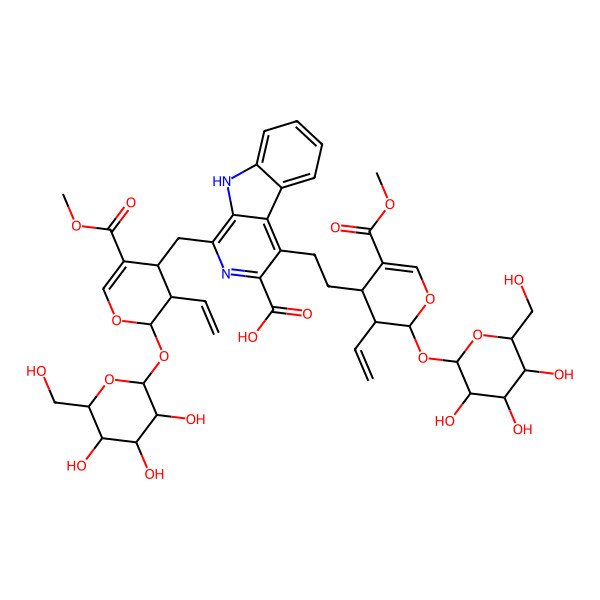 2D Structure of 4-[2-[(2S,3R)-3-ethenyl-5-methoxycarbonyl-2-[(2S,3R,4S,5S,6R)-3,4,5-trihydroxy-6-(hydroxymethyl)oxan-2-yl]oxy-3,4-dihydro-2H-pyran-4-yl]ethyl]-1-[[(2S,3R)-3-ethenyl-5-methoxycarbonyl-2-[(2S,3R,4S,5S,6R)-3,4,5-trihydroxy-6-(hydroxymethyl)oxan-2-yl]oxy-3,4-dihydro-2H-pyran-4-yl]methyl]-9H-pyrido[3,4-b]indole-3-carboxylic acid