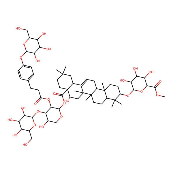 2D Structure of methyl (2S,3S,4S,5R,6R)-6-[[(3S,4aR,6aR,6bS,8R,8aR,12aS,14aR,14bR)-8-hydroxy-8a-[(2S,3R,4S,5S)-5-hydroxy-4-[(2S,3R,4S,5S,6R)-3,4,5-trihydroxy-6-(hydroxymethyl)oxan-2-yl]oxy-3-[3-[4-[(2S,3R,4S,5S,6R)-3,4,5-trihydroxy-6-(hydroxymethyl)oxan-2-yl]oxyphenyl]propanoyloxy]oxan-2-yl]oxycarbonyl-4,4,6a,6b,11,11,14b-heptamethyl-1,2,3,4a,5,6,7,8,9,10,12,12a,14,14a-tetradecahydropicen-3-yl]oxy]-3,4,5-trihydroxyoxane-2-carboxylate