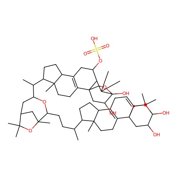 2D Structure of [(1R,5R,6R,9R,12S,13R,15R,19S)-6-[(1S)-1-[(1R,2S,4R,6R)-2-[(3R)-3-[(1S,5R,6R,9R,15R,19S)-15,19-dihydroxy-5,14,14-trimethyl-16-oxapentacyclo[13.2.2.01,13.02,10.05,9]nonadeca-2(10),12-dien-6-yl]butyl]-1,7,7-trimethyl-3,8-dioxabicyclo[4.2.1]nonan-4-yl]ethyl]-15,19-dihydroxy-5,14,14-trimethyl-16-oxapentacyclo[13.2.2.01,13.02,10.05,9]nonadec-2(10)-en-12-yl] hydrogen sulfate