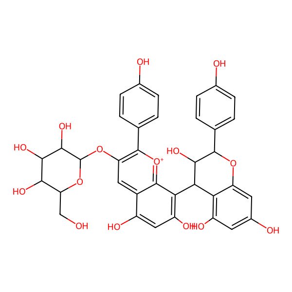 2D Structure of (2R,3R,4S)-4-[5,7-dihydroxy-2-(4-hydroxyphenyl)-3-[(2S,3R,4S,5S,6R)-3,4,5-trihydroxy-6-(hydroxymethyl)oxan-2-yl]oxychromenylium-8-yl]-2-(4-hydroxyphenyl)-3,4-dihydro-2H-chromene-3,5,7-triol