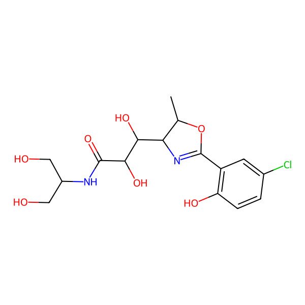 2D Structure of (2R,3R)-3-[(4R,5R)-2-(5-chloro-2-hydroxyphenyl)-5-methyl-4,5-dihydro-1,3-oxazol-4-yl]-N-(1,3-dihydroxypropan-2-yl)-2,3-dihydroxypropanamide