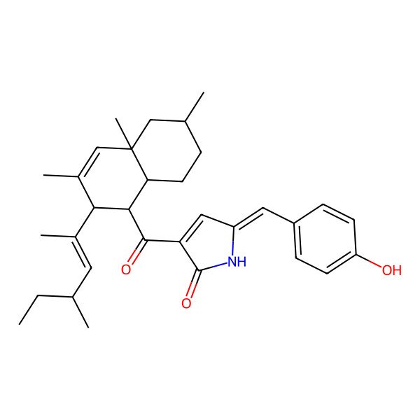 2D Structure of (5Z)-3-[(1R,2S,4aS,6S,8aR)-3,4a,6-trimethyl-2-[(E,4R)-4-methylhex-2-en-2-yl]-2,5,6,7,8,8a-hexahydro-1H-naphthalene-1-carbonyl]-5-[(4-hydroxyphenyl)methylidene]pyrrol-2-one