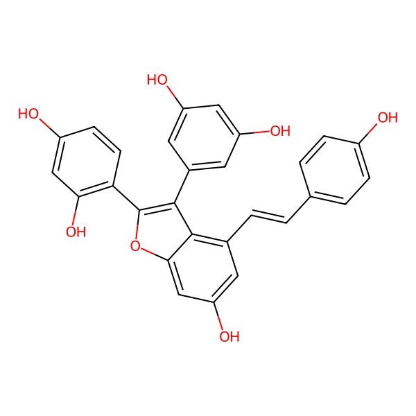 2D Structure of 4-[3-(3,5-dihydroxyphenyl)-6-hydroxy-4-[(E)-2-(4-hydroxyphenyl)ethenyl]-1-benzofuran-2-yl]benzene-1,3-diol