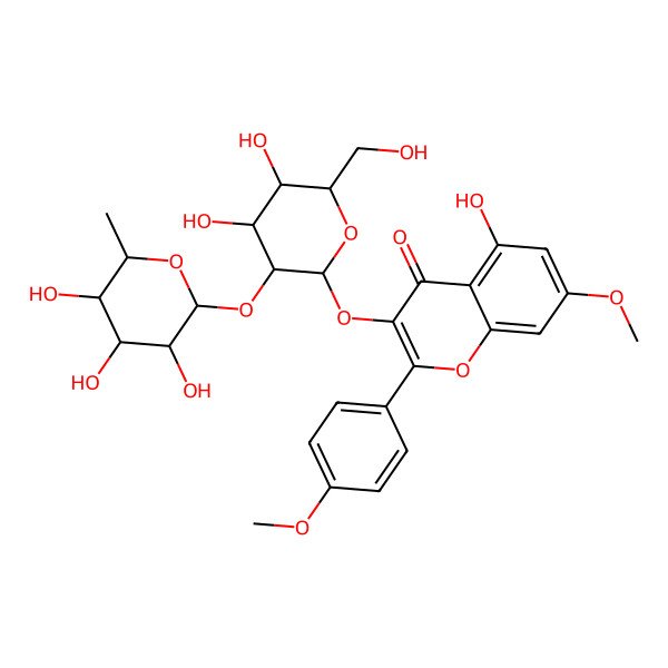 2D Structure of 3-[(2S,3S,4S,5R,6S)-4,5-dihydroxy-6-(hydroxymethyl)-3-[(2S,3S,4R,5R,6R)-3,4,5-trihydroxy-6-methyloxan-2-yl]oxyoxan-2-yl]oxy-5-hydroxy-7-methoxy-2-(4-methoxyphenyl)chromen-4-one