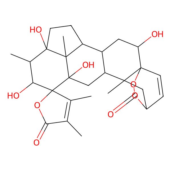 2D Structure of 2,8,10,12-Tetrahydroxy-3',4',9,15,22-pentamethylspiro[18,19-dioxahexacyclo[15.2.2.15,8.01,15.04,14.012,22]docos-20-ene-11,5'-furan]-2',16-dione
