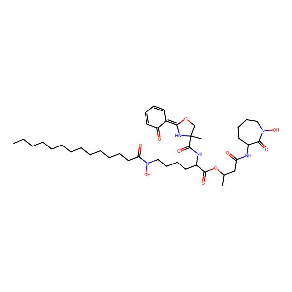 2D Structure of [4-[(1-hydroxy-2-oxoazepan-3-yl)amino]-4-oxobutan-2-yl] (2S)-6-[hydroxy(tetradecanoyl)amino]-2-[[(2Z)-4-methyl-2-(6-oxocyclohexa-2,4-dien-1-ylidene)-1,3-oxazolidine-4-carbonyl]amino]hexanoate