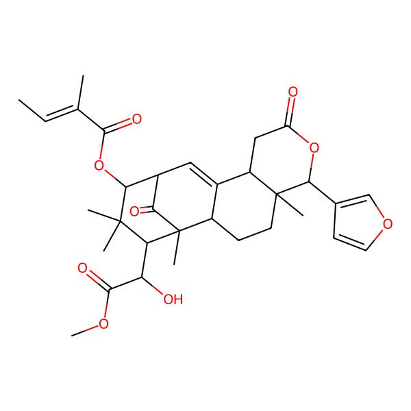 2D Structure of [(1R,2S,5R,6R,10S,13S,14R,16S)-6-(furan-3-yl)-16-[(1R)-1-hydroxy-2-methoxy-2-oxoethyl]-1,5,15,15-tetramethyl-8,17-dioxo-7-oxatetracyclo[11.3.1.02,11.05,10]heptadec-11-en-14-yl] (Z)-2-methylbut-2-enoate