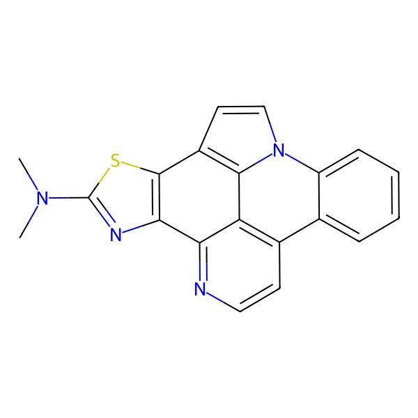 2D Structure of N,N-dimethyl-3-thia-5,8,18-triazahexacyclo[9.9.2.02,6.07,22.012,17.018,21]docosa-1(21),2(6),4,7,9,11(22),12,14,16,19-decaen-4-amine