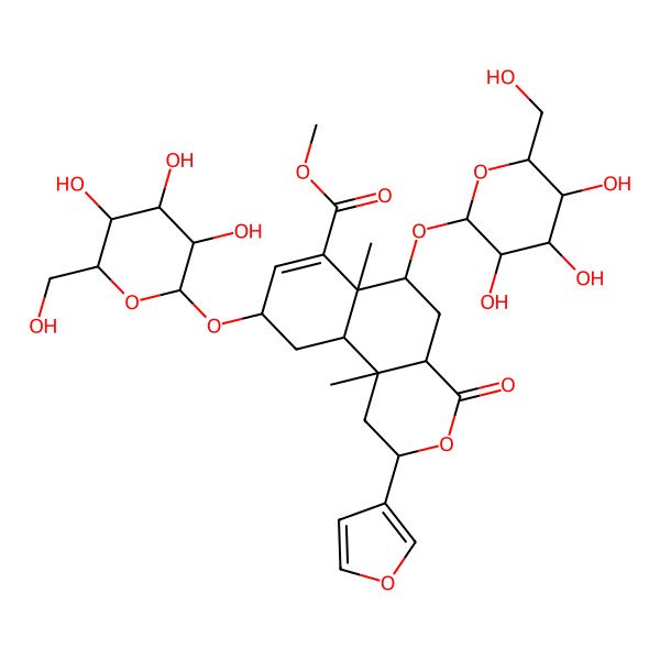 2D Structure of Methyl 2-(furan-3-yl)-6a,10b-dimethyl-4-oxo-6,9-bis[[3,4,5-trihydroxy-6-(hydroxymethyl)oxan-2-yl]oxy]-1,2,4a,5,6,9,10,10a-octahydrobenzo[f]isochromene-7-carboxylate