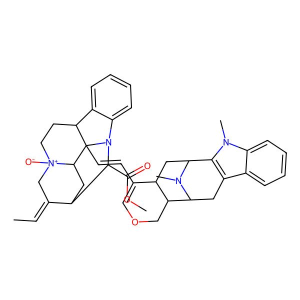 2D Structure of methyl (8R,13E,14S,16S,17S,18S)-17-[(E)-2-[(1S,12S,13R,18R)-3,20-dimethyl-15-oxa-3,20-diazapentacyclo[10.7.1.02,10.04,9.013,18]icosa-2(10),4,6,8,16-pentaen-17-yl]ethenyl]-13-ethylidene-11-oxido-1-aza-11-azoniapentacyclo[12.3.1.02,7.08,17.011,16]octadeca-2,4,6-triene-18-carboxylate