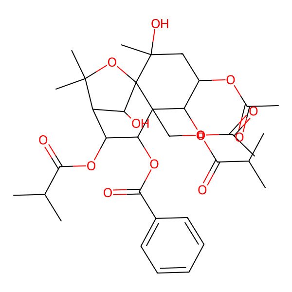 2D Structure of [4,5-Diacetyloxy-2,12-dihydroxy-2,10,10-trimethyl-8-(2-methylpropanoyloxy)-6-(2-methylpropanoyloxymethyl)-11-oxatricyclo[7.2.1.01,6]dodecan-7-yl] benzoate