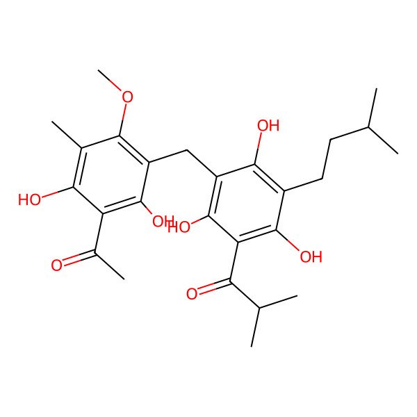 2D Structure of 1-[3-[(3-Acetyl-2,4-dihydroxy-6-methoxy-5-methylphenyl)methyl]-2,4,6-trihydroxy-5-(3-methylbutyl)phenyl]-2-methylpropan-1-one