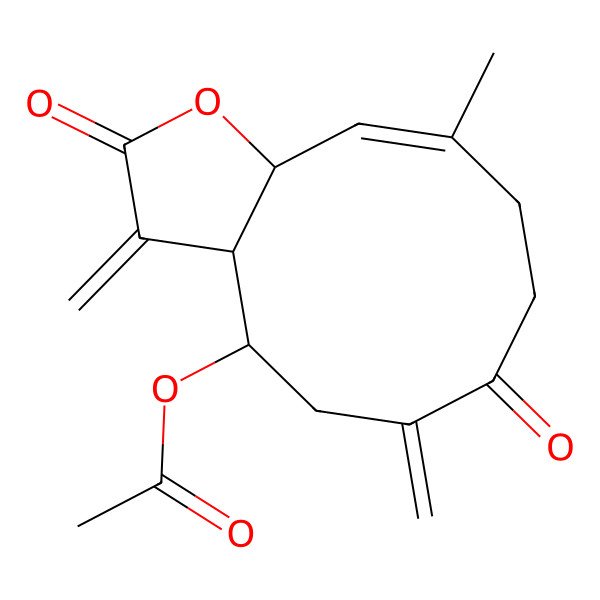 2D Structure of [(3aR,4R,10E,11aR)-10-methyl-3,6-dimethylidene-2,7-dioxo-3a,4,5,8,9,11a-hexahydrocyclodeca[b]furan-4-yl] acetate