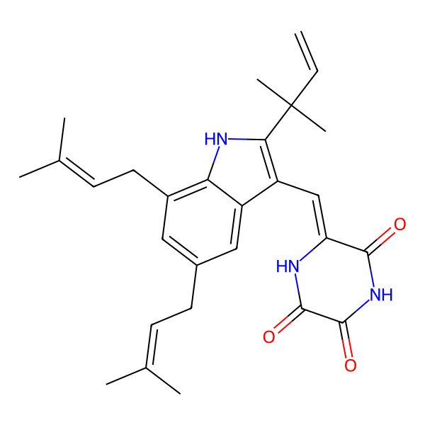 2D Structure of (6Z)-6-[[2-(2-methylbut-3-en-2-yl)-5,7-bis(3-methylbut-2-enyl)-1H-indol-3-yl]methylidene]piperazine-2,3,5-trione