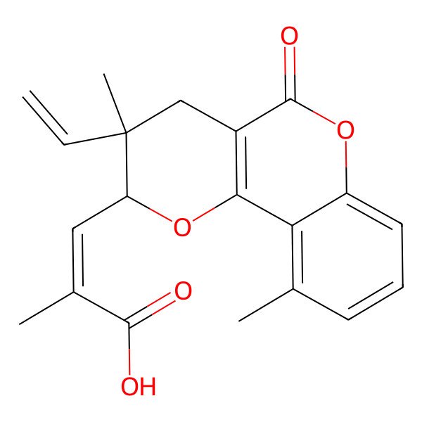 2D Structure of (E)-3-[(2R,3S)-3-ethenyl-3,10-dimethyl-5-oxo-2,4-dihydropyrano[3,2-c]chromen-2-yl]-2-methylprop-2-enoic acid