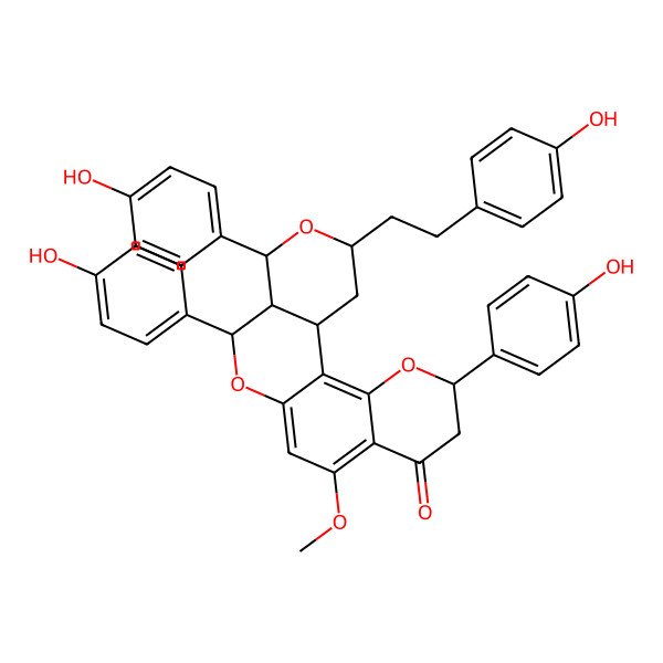 2D Structure of (4R,12R,13S,14S,16S,18R)-4,12,14-tris(4-hydroxyphenyl)-16-[2-(4-hydroxyphenyl)ethyl]-8-methoxy-3,11,15-trioxatetracyclo[8.8.0.02,7.013,18]octadeca-1,7,9-trien-6-one