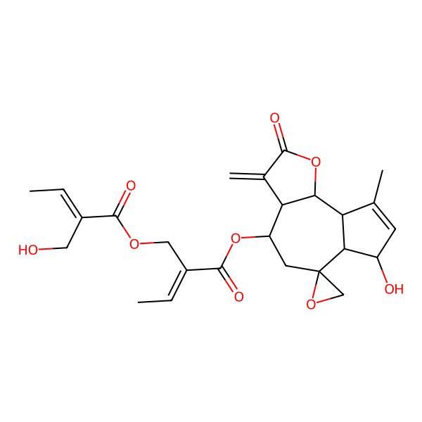 2D Structure of 2-(7-hydroxy-9-methyl-3-methylidene-2-oxospiro[4,5,6a,7,9a,9b-hexahydro-3aH-azuleno[4,5-b]furan-6,2'-oxirane]-4-yl)oxycarbonylbut-2-enyl 2-(hydroxymethyl)but-2-enoate