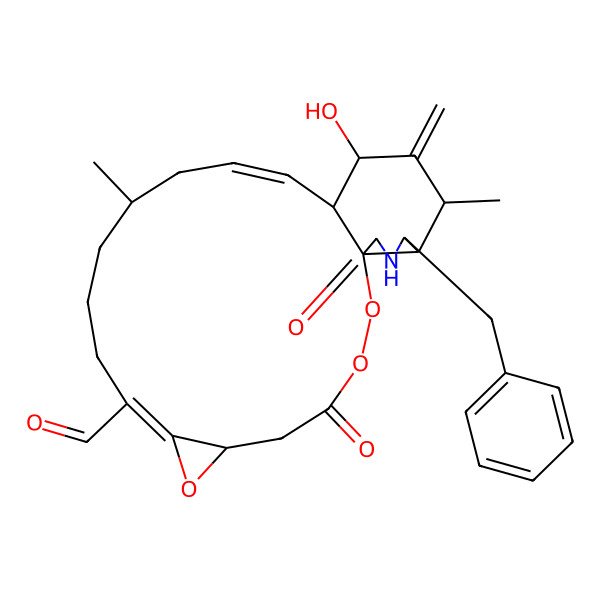 2D Structure of 22-Benzyl-18-hydroxy-13,20-dimethyl-19-methylidene-4,24-dioxo-2,3,7-trioxa-23-azatetracyclo[15.7.0.01,21.06,8]tetracosa-8,15-diene-9-carbaldehyde