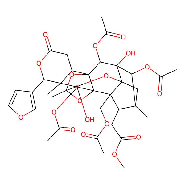 2D Structure of Methyl 2-[8,18,20-triacetyloxy-15-(acetyloxymethyl)-6-(furan-3-yl)-9,19-dihydroxy-7,12,17-trimethyl-4-oxo-5,11,13,21-tetraoxaheptacyclo[10.8.1.114,17.01,10.02,7.010,15.014,19]docosan-16-yl]acetate