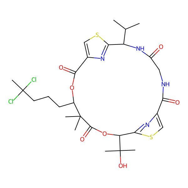 2D Structure of (7S,14S,18S)-14-(4,4-dichloropentyl)-18-(2-hydroxypropan-2-yl)-15,15-dimethyl-7-propan-2-yl-13,17-dioxa-9,20-dithia-3,6,22,23-tetrazatricyclo[17.2.1.18,11]tricosa-1(21),8(23),10,19(22)-tetraene-2,5,12,16-tetrone