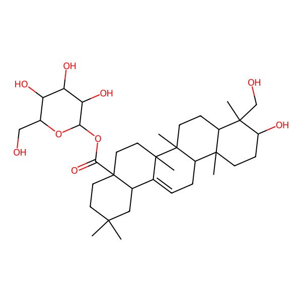 2D Structure of [3,4,5-Trihydroxy-6-(hydroxymethyl)oxan-2-yl] 10-hydroxy-9-(hydroxymethyl)-2,2,6a,6b,9,12a-hexamethyl-1,3,4,5,6,6a,7,8,8a,10,11,12,13,14b-tetradecahydropicene-4a-carboxylate