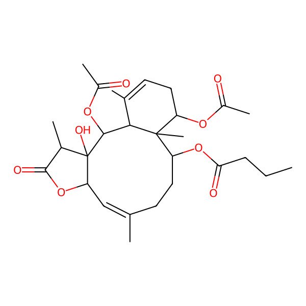 2D Structure of [(1S,2R,3S,4R,7S,8Z,12R,13S,14S)-2,14-diacetyloxy-3-hydroxy-4,9,13,17-tetramethyl-5-oxo-6-oxatricyclo[11.4.0.03,7]heptadeca-8,16-dien-12-yl] butanoate