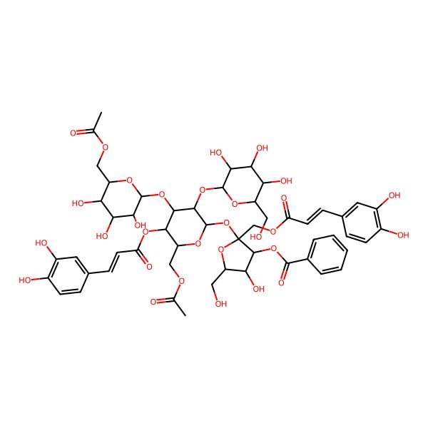 2D Structure of [(2S,3S,4R,5R)-2-[(2R,3R,4S,5R,6R)-6-(acetyloxymethyl)-4-[(2S,3R,4S,5S,6R)-6-(acetyloxymethyl)-3,4,5-trihydroxyoxan-2-yl]oxy-5-[(E)-3-(3,4-dihydroxyphenyl)prop-2-enoyl]oxy-3-[(2S,3R,4S,5S,6R)-3,4,5-trihydroxy-6-(hydroxymethyl)oxan-2-yl]oxyoxan-2-yl]oxy-2-[[(E)-3-(3,4-dihydroxyphenyl)prop-2-enoyl]oxymethyl]-4-hydroxy-5-(hydroxymethyl)oxolan-3-yl] benzoate
