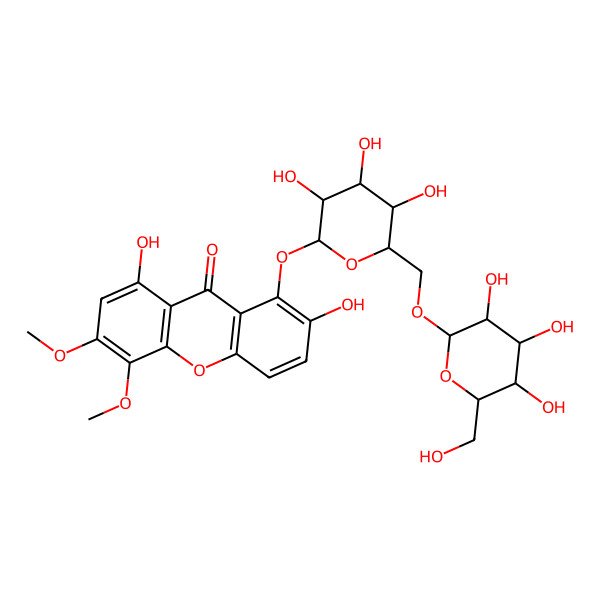 2D Structure of 2,8-Dihydroxy-5,6-dimethoxy-1-[3,4,5-trihydroxy-6-[[3,4,5-trihydroxy-6-(hydroxymethyl)oxan-2-yl]oxymethyl]oxan-2-yl]oxyxanthen-9-one