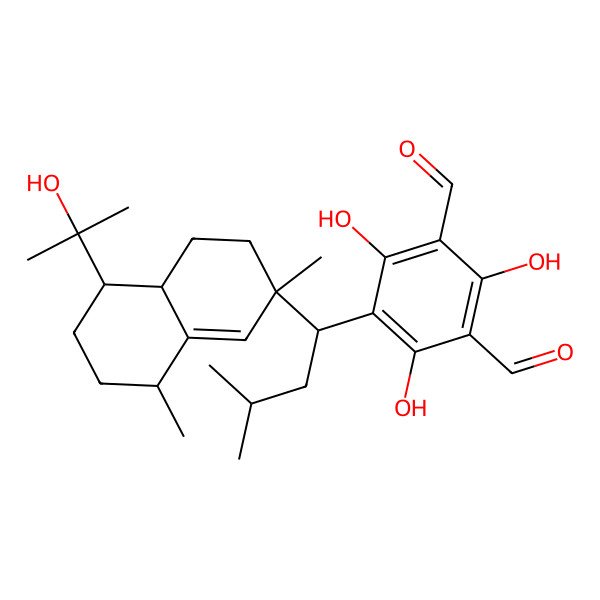 2D Structure of 5-[(1S)-1-[(2S,4aR,5S,8R)-5-(2-hydroxypropan-2-yl)-2,8-dimethyl-4,4a,5,6,7,8-hexahydro-3H-naphthalen-2-yl]-3-methylbutyl]-2,4,6-trihydroxybenzene-1,3-dicarbaldehyde