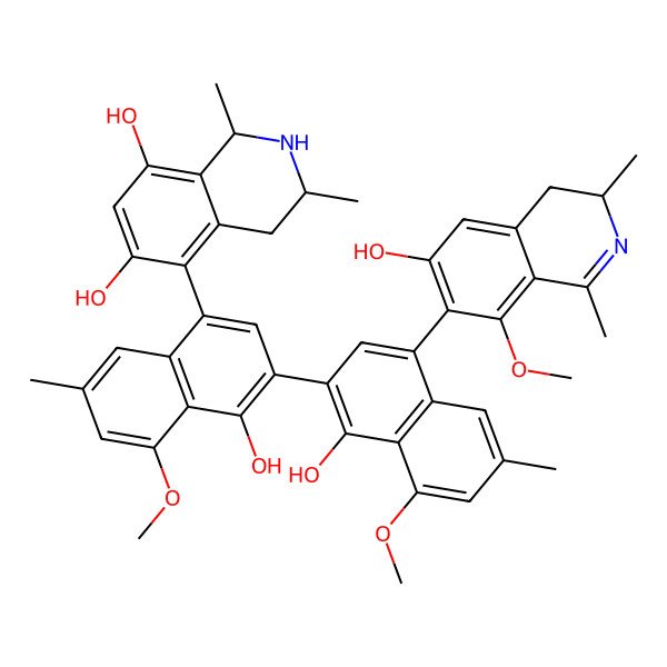 2D Structure of (3R)-5-[4-hydroxy-3-[1-hydroxy-4-[(3R)-6-hydroxy-8-methoxy-1,3-dimethyl-3,4-dihydroisoquinolin-7-yl]-8-methoxy-6-methylnaphthalen-2-yl]-5-methoxy-7-methylnaphthalen-1-yl]-1,3-dimethyl-1,2,3,4-tetrahydroisoquinoline-6,8-diol