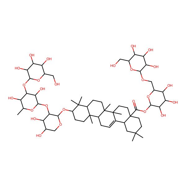 2D Structure of [3,4,5-Trihydroxy-6-[[3,4,5-trihydroxy-6-(hydroxymethyl)oxan-2-yl]oxymethyl]oxan-2-yl] 10-[3-[3,5-dihydroxy-6-methyl-4-[3,4,5-trihydroxy-6-(hydroxymethyl)oxan-2-yl]oxyoxan-2-yl]oxy-4,5-dihydroxyoxan-2-yl]oxy-2,2,6a,6b,9,9,12a-heptamethyl-1,3,4,5,6,6a,7,8,8a,10,11,12,13,14b-tetradecahydropicene-4a-carboxylate