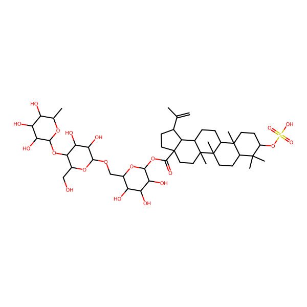 2D Structure of [(2S,3R,4S,5S,6R)-6-[[(2R,3R,4R,5S,6R)-3,4-dihydroxy-6-(hydroxymethyl)-5-[(2S,3R,4R,5R,6S)-3,4,5-trihydroxy-6-methyloxan-2-yl]oxyoxan-2-yl]oxymethyl]-3,4,5-trihydroxyoxan-2-yl] (1R,3aS,5aR,5bR,7aS,9R,11aR,11bR,13aR,13bR)-5a,5b,8,8,11a-pentamethyl-1-prop-1-en-2-yl-9-sulfooxy-1,2,3,4,5,6,7,7a,9,10,11,11b,12,13,13a,13b-hexadecahydrocyclopenta[a]chrysene-3a-carboxylate