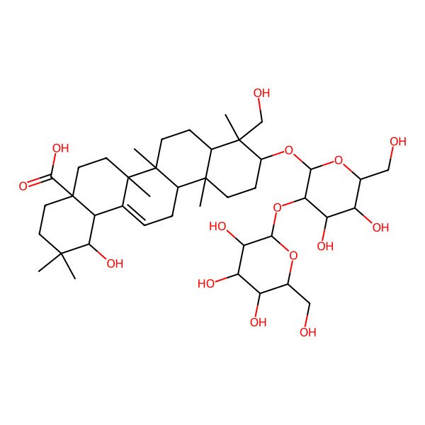 2D Structure of (1S,4aR,6aR,6aS,6bR,8aR,9R,10S,12aR,14bS)-10-[(2R,3R,4S,5S,6R)-4,5-dihydroxy-6-(hydroxymethyl)-3-[(2S,3R,4S,5S,6R)-3,4,5-trihydroxy-6-(hydroxymethyl)oxan-2-yl]oxyoxan-2-yl]oxy-1-hydroxy-9-(hydroxymethyl)-2,2,6a,6b,9,12a-hexamethyl-1,3,4,5,6,6a,7,8,8a,10,11,12,13,14b-tetradecahydropicene-4a-carboxylic acid