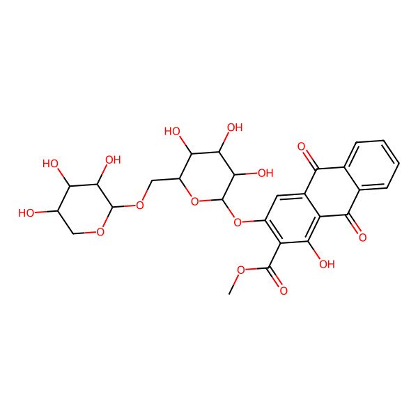 2D Structure of Methyl 1-hydroxy-9,10-dioxo-3-[3,4,5-trihydroxy-6-[(3,4,5-trihydroxyoxan-2-yl)oxymethyl]oxan-2-yl]oxyanthracene-2-carboxylate
