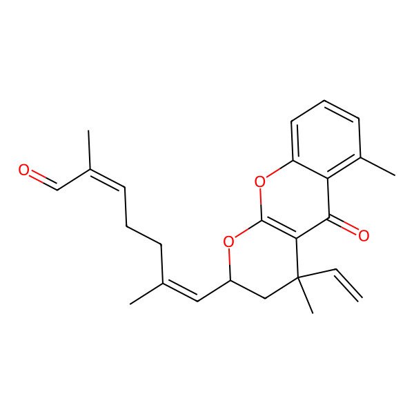 2D Structure of (2E,6E)-7-[(2R,4S)-4-ethenyl-4,6-dimethyl-5-oxo-2,3-dihydropyrano[2,3-b]chromen-2-yl]-2,6-dimethylhepta-2,6-dienal