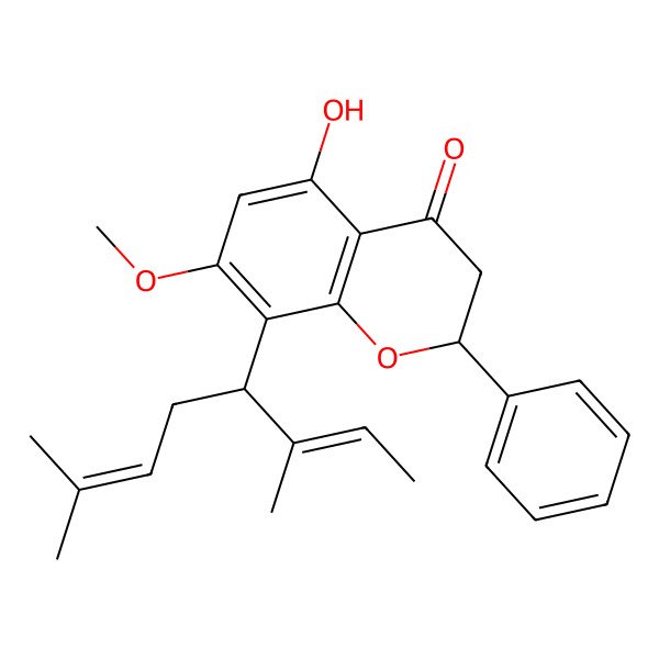 2D Structure of (2S)-8-[(2E,4S)-3,7-dimethylocta-2,6-dien-4-yl]-5-hydroxy-7-methoxy-2-phenyl-2,3-dihydrochromen-4-one