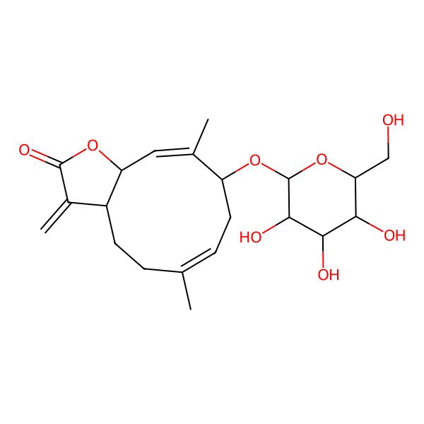 2D Structure of (3aS,6E,9R,10E,11aR)-6,10-dimethyl-3-methylidene-9-[(2S,3R,4S,5S,6R)-3,4,5-trihydroxy-6-(hydroxymethyl)oxan-2-yl]oxy-3a,4,5,8,9,11a-hexahydrocyclodeca[b]furan-2-one