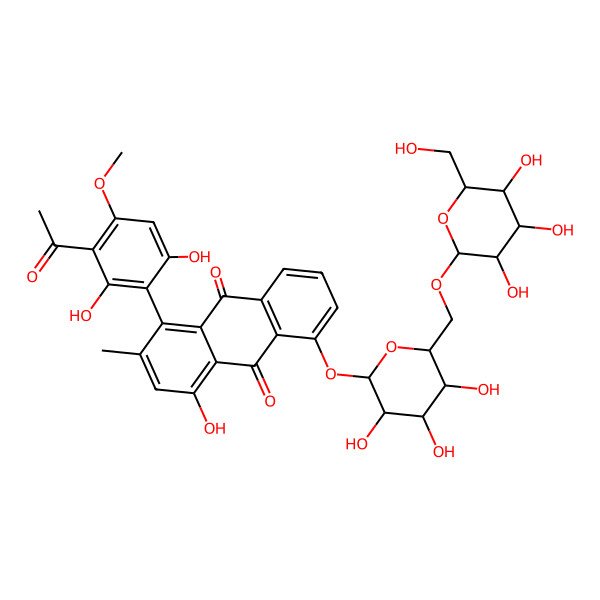 2D Structure of 1-(3-Acetyl-2,6-dihydroxy-4-methoxyphenyl)-4-hydroxy-2-methyl-5-[3,4,5-trihydroxy-6-[[3,4,5-trihydroxy-6-(hydroxymethyl)oxan-2-yl]oxymethyl]oxan-2-yl]oxyanthracene-9,10-dione