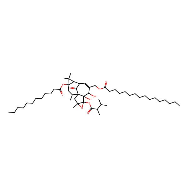 2D Structure of {5b-[(2,3-Dimethylbutanoyl)oxy]-9a-(dodecanoyloxy)-5,5a-dihydroxy-1,1,6a,8-tetramethyl-10-oxo-1a,2,5,5a,5b,6a,7,8,9,9a-decahydro-1h-2,7a-methanocyclopropa[5',6']cyclodeca[1',2':3,4]cyclopenta[1,2-b]oxiren-4-yl}methyl hexadecanoate