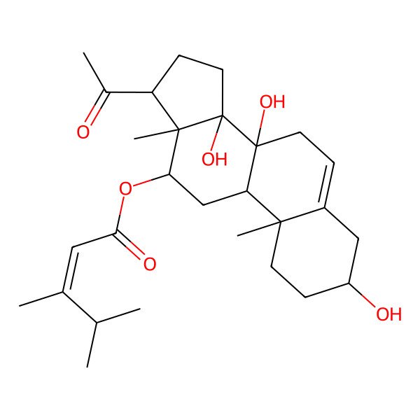2D Structure of [(3R,8R,9R,10R,12R,13S,14S,17R)-17-acetyl-3,8,14-trihydroxy-10,13-dimethyl-2,3,4,7,9,11,12,15,16,17-decahydro-1H-cyclopenta[a]phenanthren-12-yl] (E)-3,4-dimethylpent-2-enoate