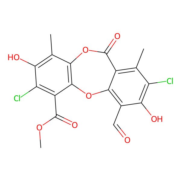 2D Structure of Methyl 2,8-dichloro-10-formyl-3,9-dihydroxy-4,7-dimethyl-6-oxobenzo[b][1,4]benzodioxepine-1-carboxylate