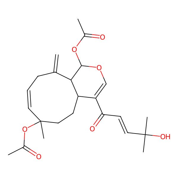 2D Structure of [7-Acetyloxy-4-(4-hydroxy-4-methylpent-2-enoyl)-7-methyl-11-methylidene-1,4a,5,6,10,11a-hexahydrocyclonona[c]pyran-1-yl] acetate
