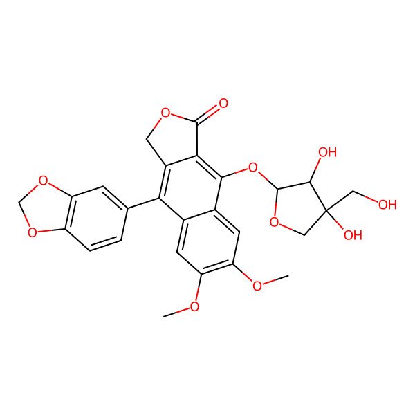 2D Structure of 9-(1,3-benzodioxol-5-yl)-4-[(2S,3R,4R)-3,4-dihydroxy-4-(hydroxymethyl)oxolan-2-yl]oxy-6,7-dimethoxy-1H-benzo[f][2]benzofuran-3-one
