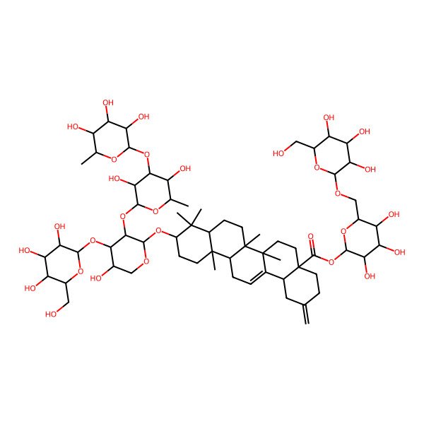 2D Structure of [(2R,3S,4R,5R,6S)-3,4,5-trihydroxy-6-[[(2S,3R,4S,5S,6R)-3,4,5-trihydroxy-6-(hydroxymethyl)oxan-2-yl]oxymethyl]oxan-2-yl] (4aS,6aR,6aS,6bR,8aR,10S,12aR,14bS)-10-[(2S,3R,4S,5S)-3-[(2S,3R,4R,5S,6S)-3,5-dihydroxy-6-methyl-4-[(2S,3R,4R,5R,6S)-3,4,5-trihydroxy-6-methyloxan-2-yl]oxyoxan-2-yl]oxy-5-hydroxy-4-[(2S,3R,4S,5S,6R)-3,4,5-trihydroxy-6-(hydroxymethyl)oxan-2-yl]oxyoxan-2-yl]oxy-6a,6b,9,9,12a-pentamethyl-2-methylidene-1,3,4,5,6,6a,7,8,8a,10,11,12,13,14b-tetradecahydropicene-4a-carboxylate